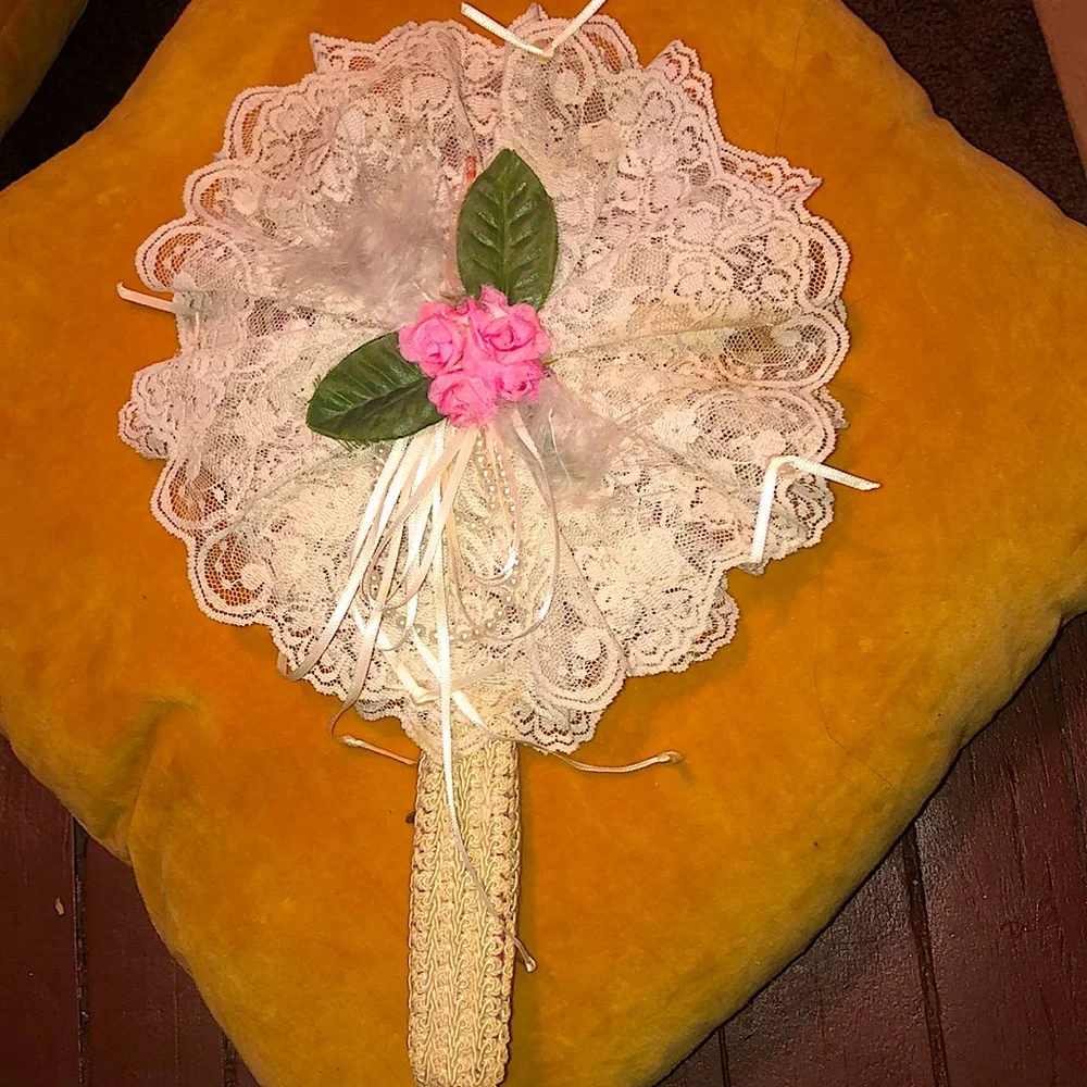 Mid-Century Antique Rose & Lace Hand Mirror
